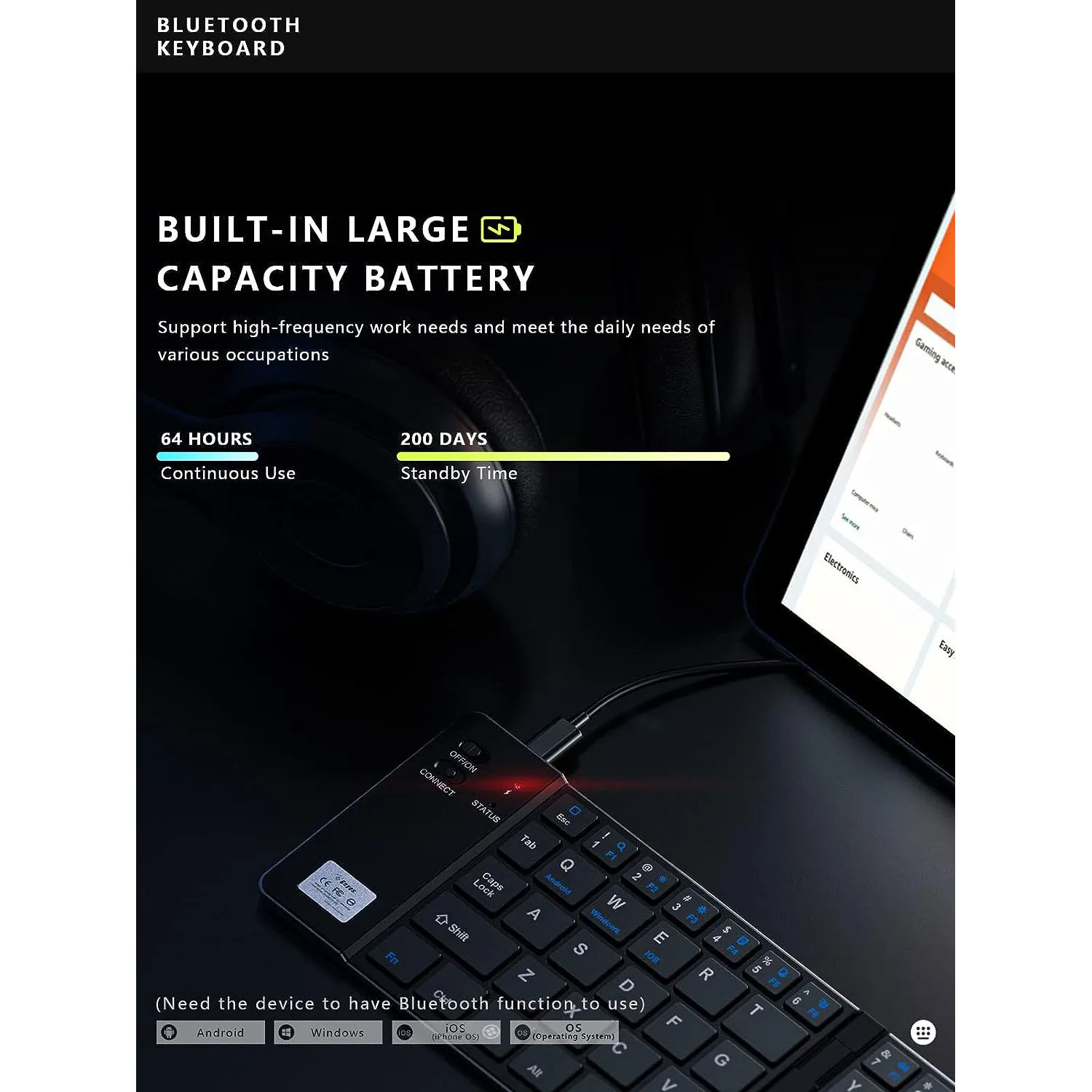 JOMAA Mini Folding Mobile Phone Keyboard Rechargeable Bluetooth Keyboard Foldable Keyboard for  IPhone Windows MAC OS