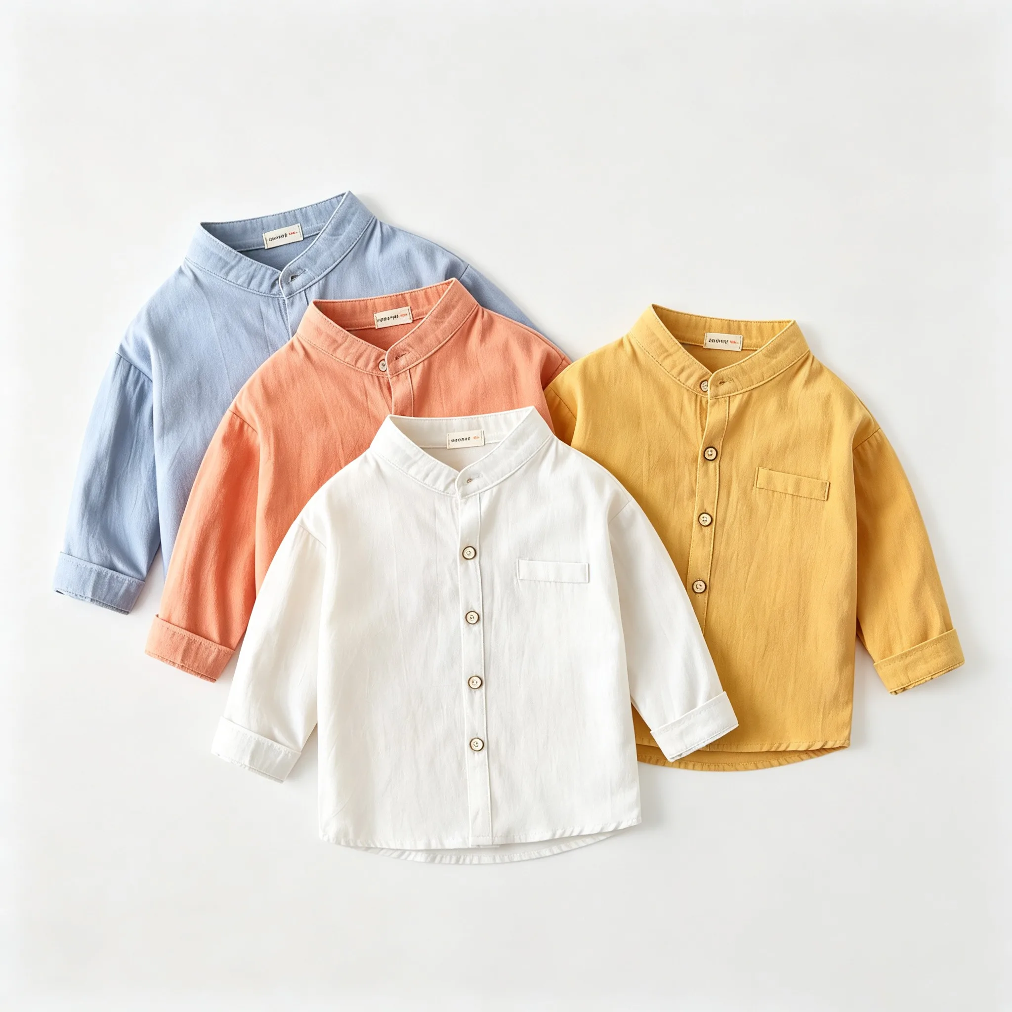 Kids Solid Color Stand Collar Blouse 100% Pure Cotton Long‑Sleeve For 1‑6Y Toddler Boys Girls Vintage Loose Spring Autumn Tops