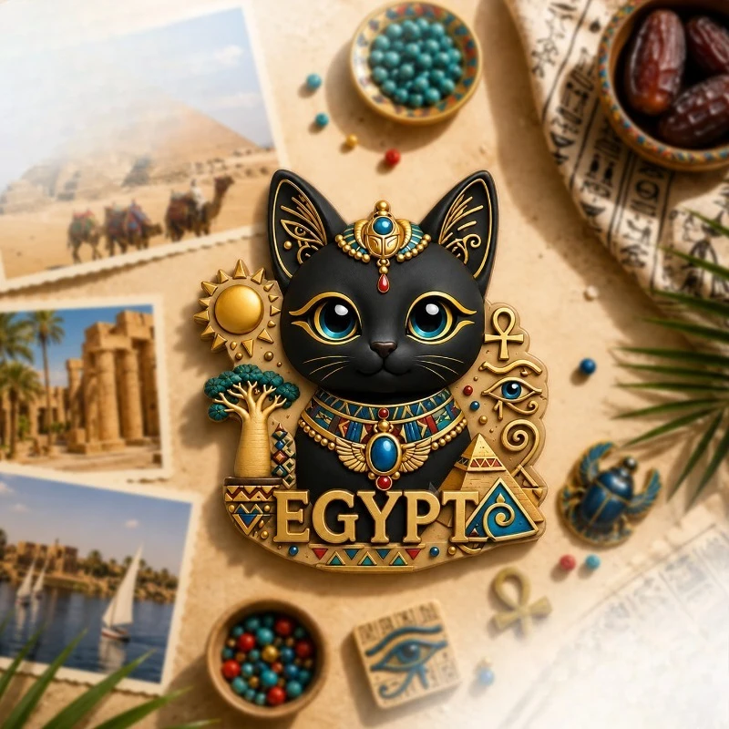 Egypt Black Gold Sacred Cat Fridge Magnet - Regal 3D Ancient Souvenir Unique Egyptian Heritage Gift for Travel & Mystical Decor
