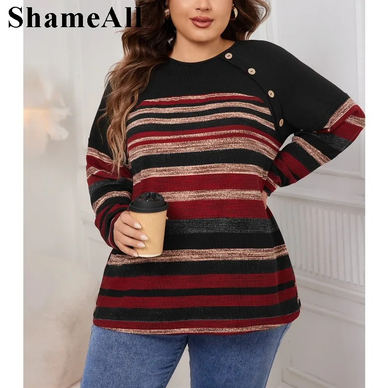 Plus Size Fall Women Clothes Round Neck Casual Long Sleeve T Shirt Fall Women Clothes Striped Simple Casual Blouse