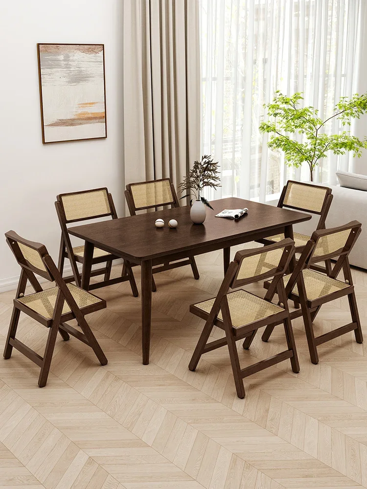 Walnut solid wood dining table rattan modern simple rectangular table and chairs household small apartment folding chair