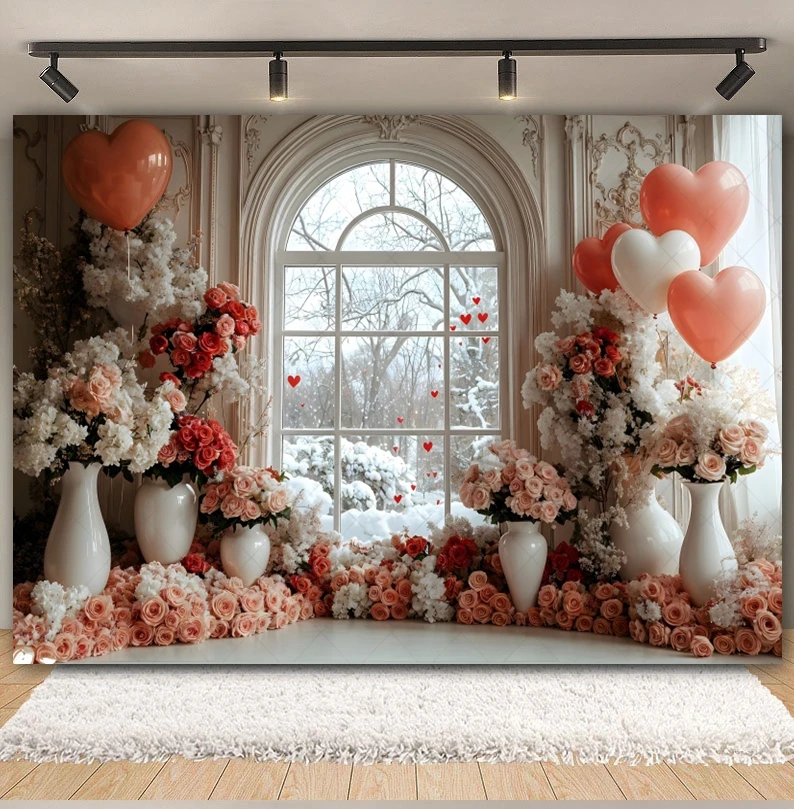 Valentine's Day Backdrop Pink Flower Window Love Heart Balloon Floral Wedding Party Couple Portrait Photography Background Decor