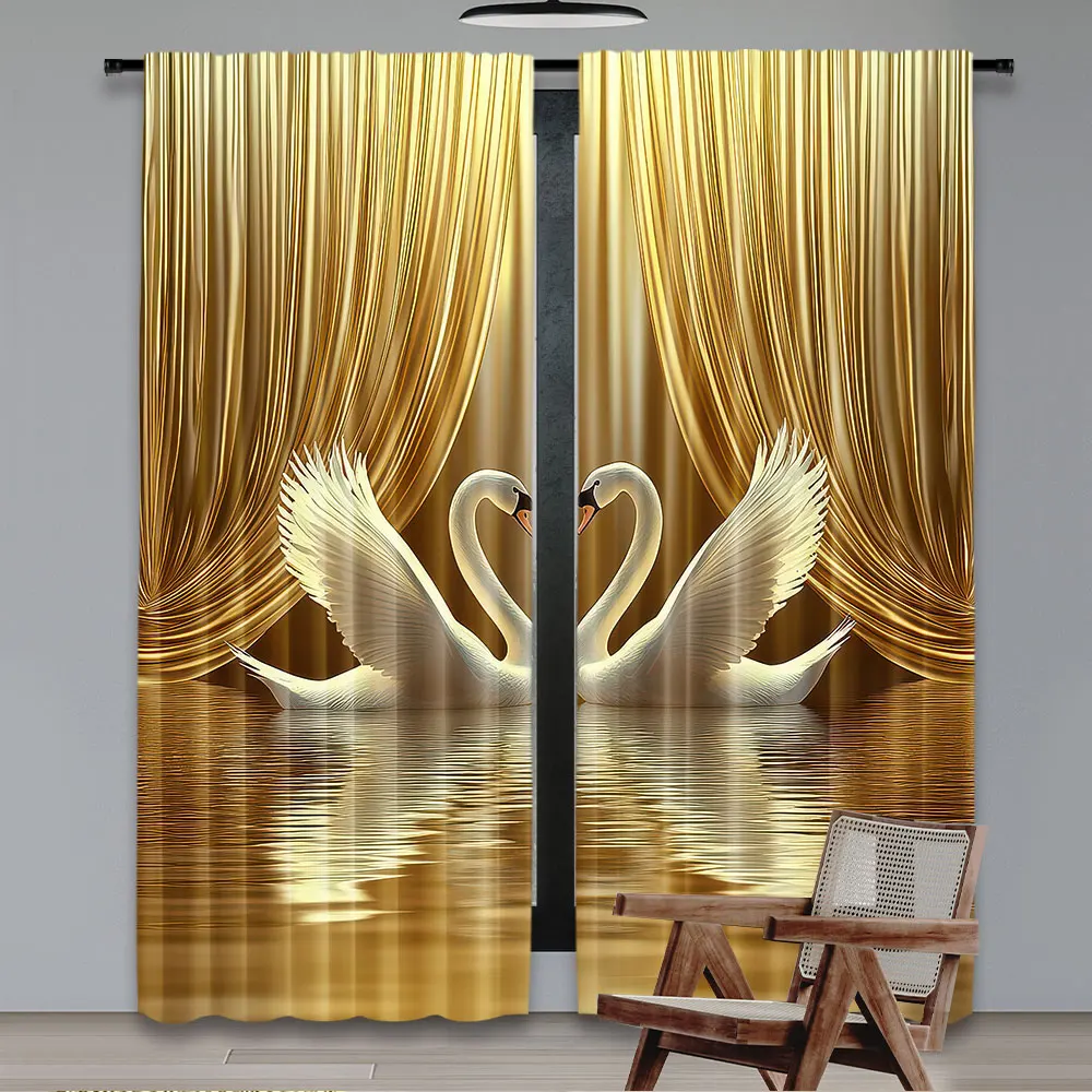 2Pcs Golden Background Elegant White Swan Curtains For Easy Hanging Polyester Perfect For Bedroom Living Room Kitchen