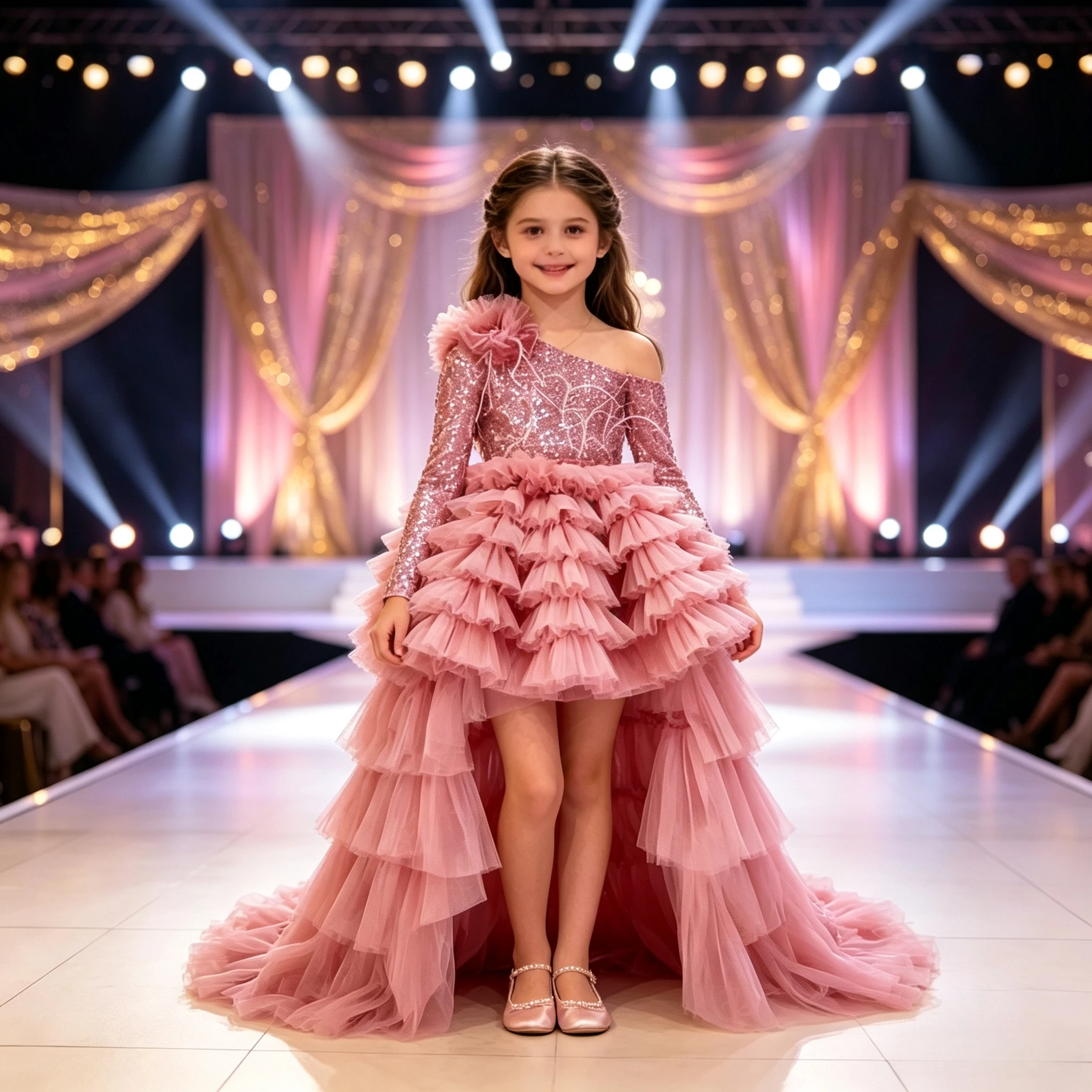 One Shoulder Sequin Tulle High Low Train Pageant Dress Tiered Ruffle Cake Skirt Big Bow Kids Birthday Competition Formal Gown