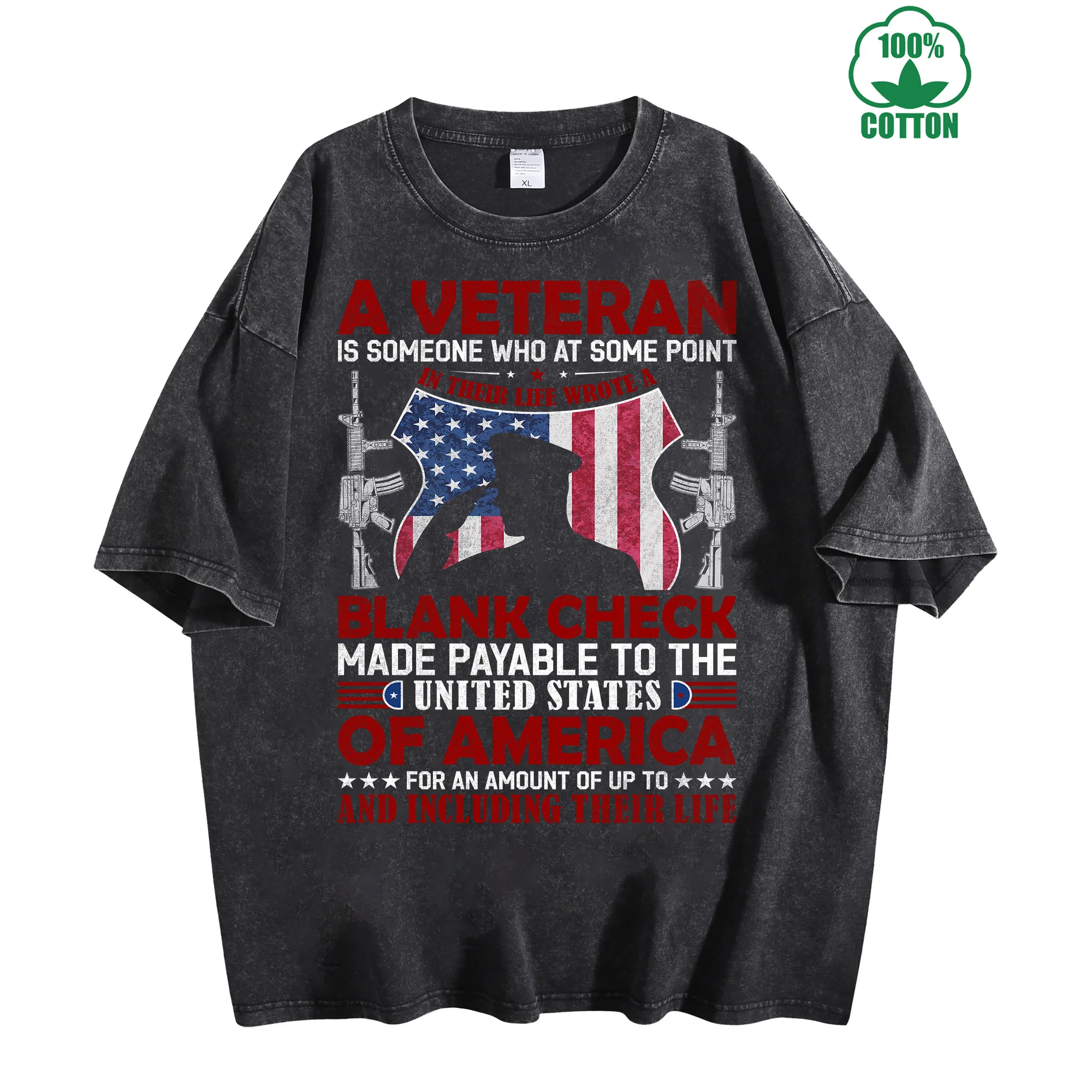 A Veteran Graphic Print Vintage Washed T-Shirt 230g 100% Cotton Unisex Comfortable Oversized Streetwear