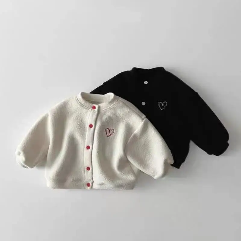 

2025 Winter New Children Long Sleeve Warm Coat Plus Velvet Thick Girls Heart Embroidery Cardigan Kids Boys Casual Jacket