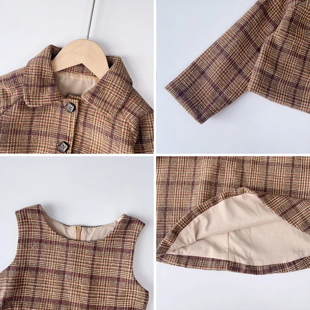 Bear Leader Girls\' Set 2023 Autumn New Girls\' Fashion Plaid Dress+Polo Collar Coat Two Piece Set Kids\' Clothing Girls\' Clothing