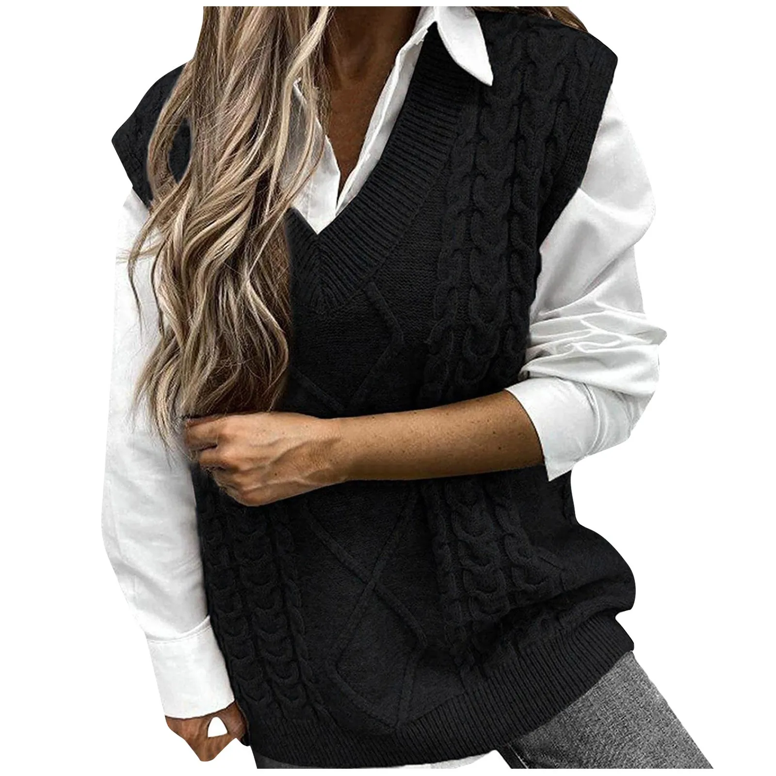 Women\'s Ladies Fashion Sweater Solid Color V-neck Sleeveless Dough Vest Sweater