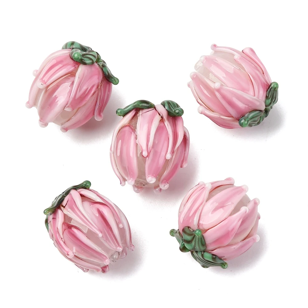 

20pcs Handmade Lampwork Glass Flower Bud Beads Pink Tulip Loose Spacer Beads for DIY Bracelet Necklace Jewelry Decor Making