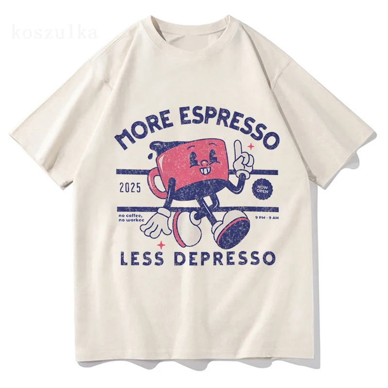 More Espresso Less Depresso T Shirt Men/women Harajuku Vintage Graphic Tshirt Unisex High Quality Tops Retro Cotton Tee Shirts