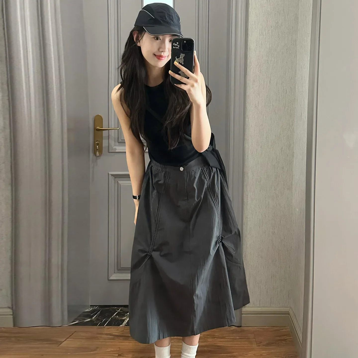 

Серая быстросохнущая мини-юбка трапециевидной формы женская летняя тонкая с высокой талией тонкая маленькая размерная юбка-зонтик в американском стиле для девочек из полиэфирного волокна