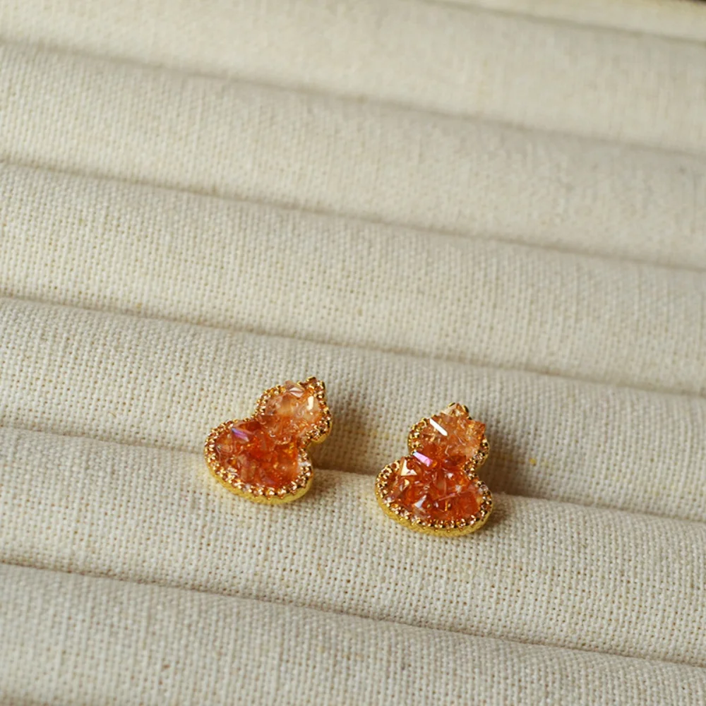 New Chinese Style Gradient Orange Glass Crystal Paved Gourd 925 Silver Needle Stud Earrings Minimalist Jewelry for Women