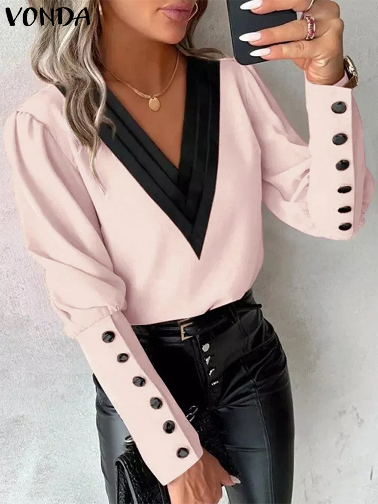 Puls Size 2024 VONDA Women Autumn Long Lantern Sleeve Tops Fashion Casual Blusas Solid Elegant Style V-neck Well Fitting Blouses