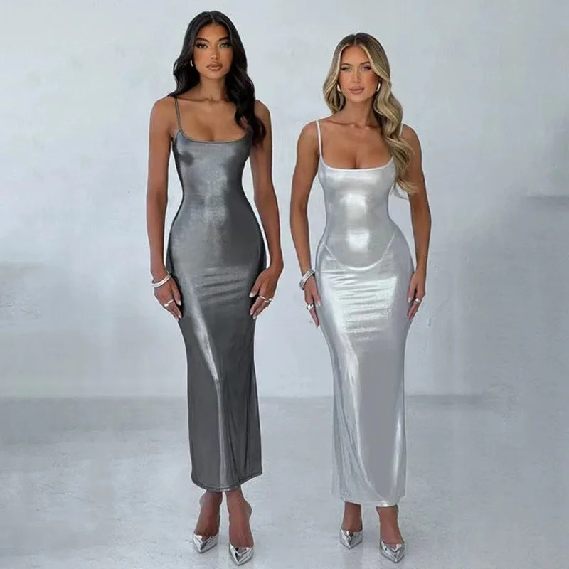 

Off Shoulder Bodycon Midi Dress Sleeveless Slip Gown With Backless Sexy Formal Clubwear For Evening Party In Silver Gray Tones​
