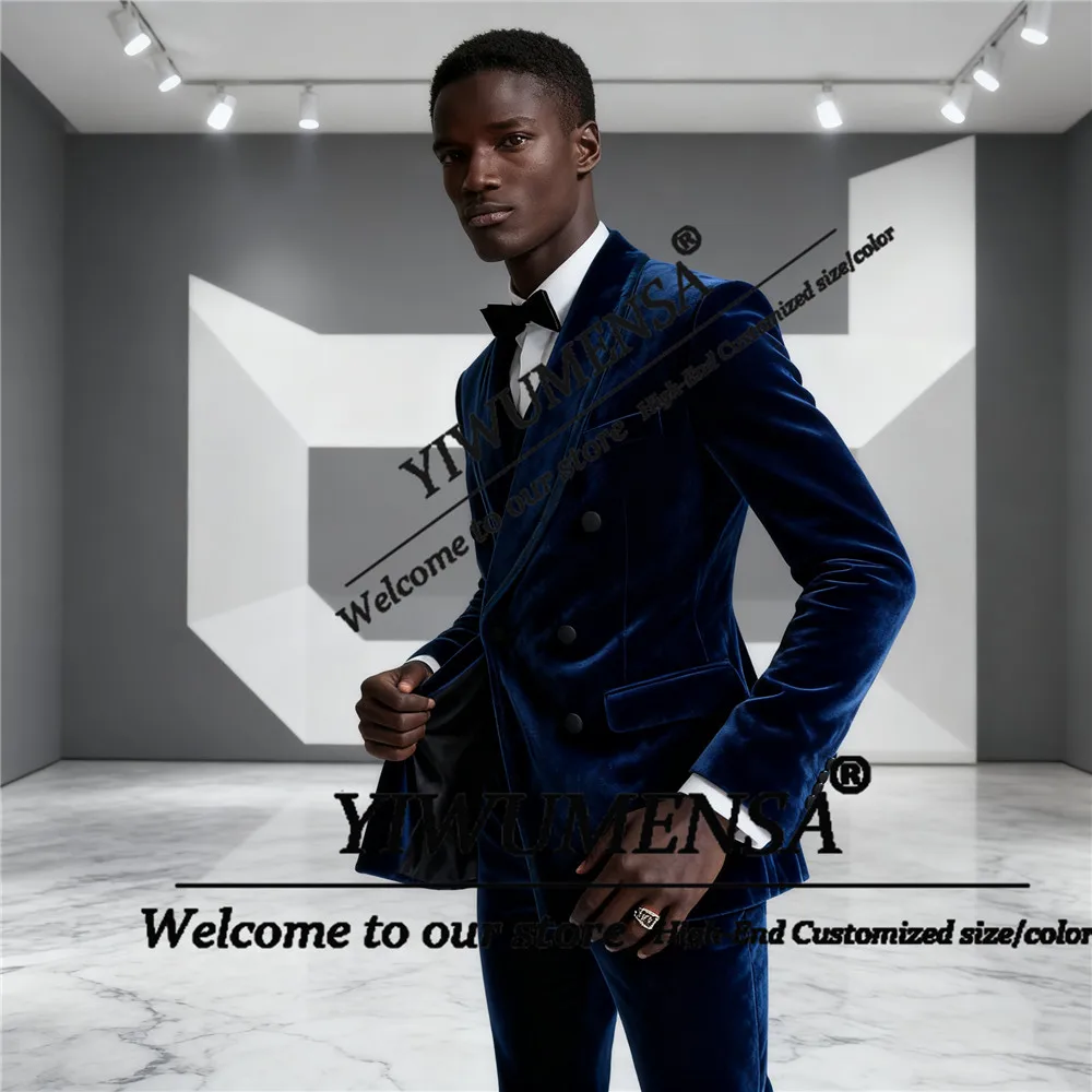 

Elegant Navy Blue Velvet Suit Attire For Men Double Breasted Groom Blazers Customized 2 Pieces Sets Man Outfits Wedding Tuxedos