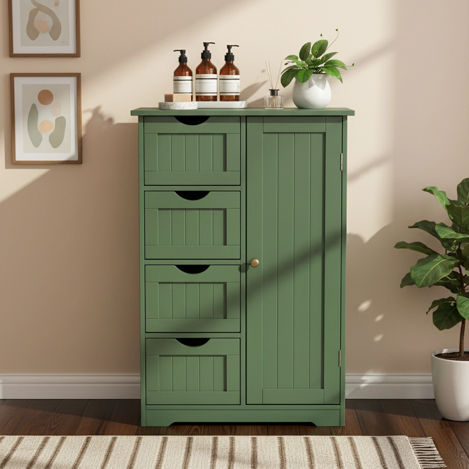 Freestanding Bathroom Storage Cabinet, Green Floor Cupboard with 4 Drawers & Single Door, Multi‑compartment Partitioned Storage, Household Organizer Unit, MDF Home Furniture for Bathroom, Kitchen, Utility Room