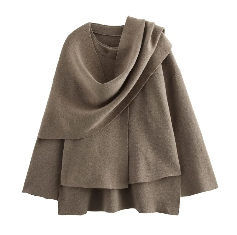 

Asymmetrical Knitwear Scarf Collar Cropped Sweater Openwork Front Cropped Cardigan European Style Relaxed Knit Jacket