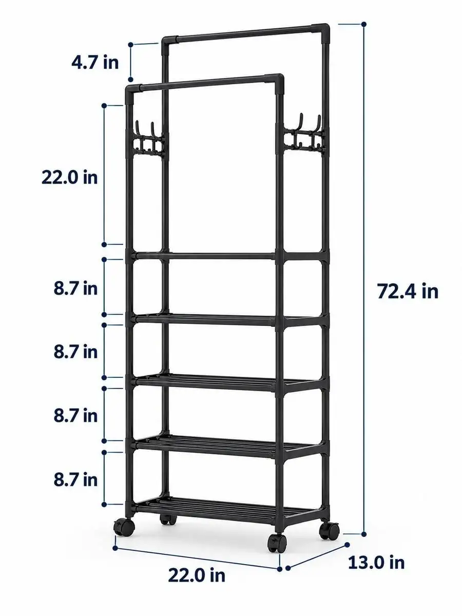1pc Improve Space Multi-Functional Iron Double-Row Coat Rack Shoe Rack Storage Rack Shelf Movable Easy To Disassemble And Assemb