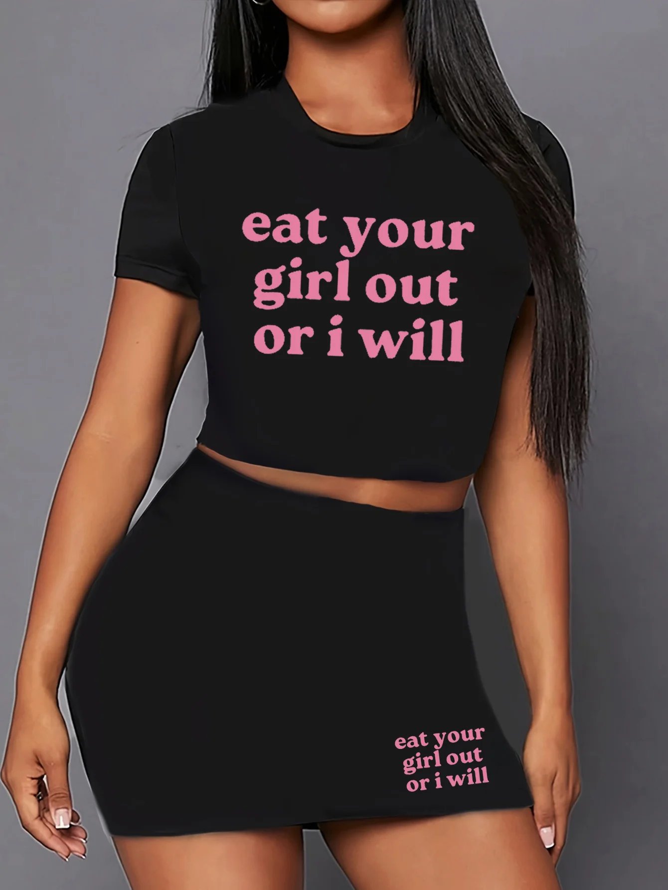 eat your girl out of i will letter print two piece set, short sleeve round neck t-shirt & skirts, women's clothing