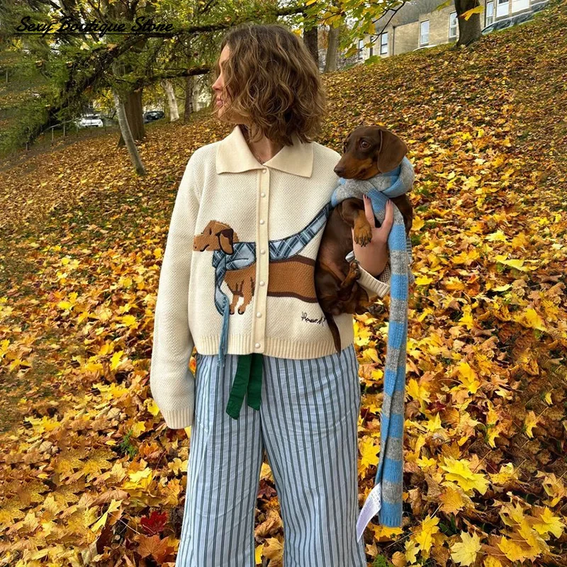 

Cute Puppy Pattern Knit Cardigan Long Sleeve Lapel Sweater Coat Cartoon Animal Female Coat 2025 Autumn Lady Casual Outerwear
