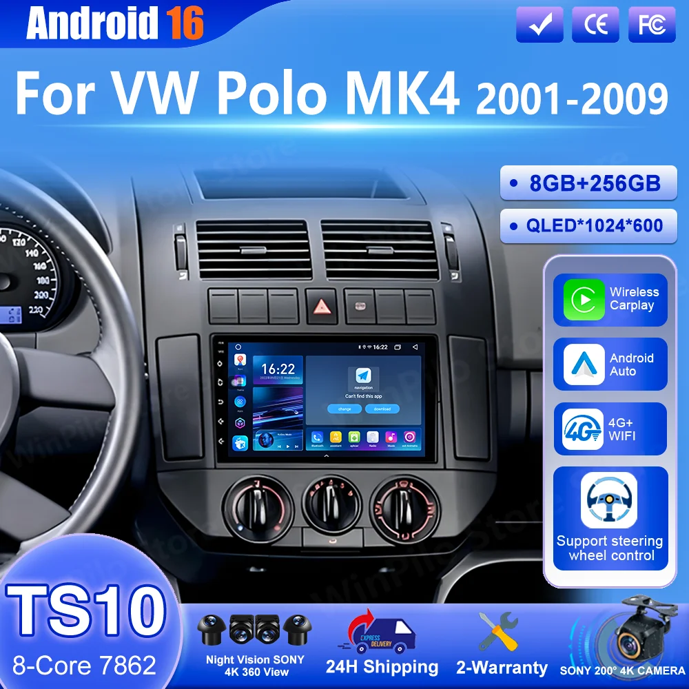 

Android 16 Car Radio For VW Polo MK4 2001 2002 2003 2004 2005 2006 2007 2008 2009 Auto Multimedia Player CarPlay GPS Navigation