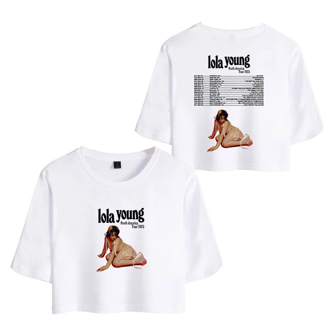 لولا يونغ 2025 جولة المرأة قصيرة المحملة عادية موضة قصيرة الأكمام فريد البلوز مضحك المحاصيل الأعلى الهيب هوب مكشوف السرة تي شيرت #3