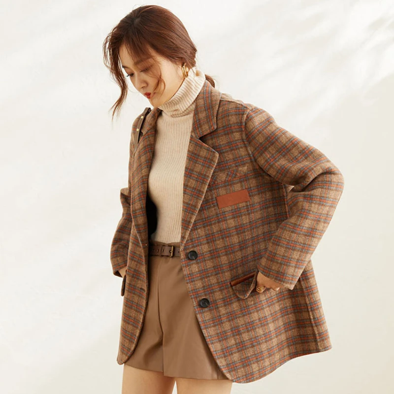 Women's New Jacket Plaid Coat Suit Jacket Korean Version Loose Fit Women's High-end Imitation Cashmere