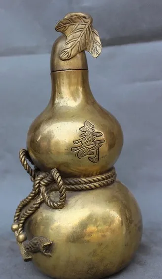 

13" Chinese Pure Brass Decorate BiXie Longevity Shou Gourd Pot Bottle Statue