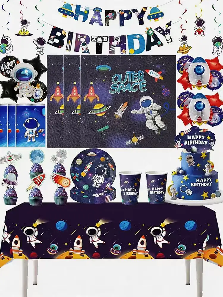 Raum Party Geschirr Weltraum Astronaut Geburtstag Dekoration Tasse Zoll Platte Tischdecke Servietten Banner Für Kinder Liefert – Detail 13
