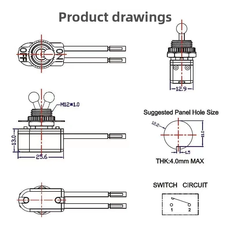 Image 5: 5pcs interrupteur à bascule plaqué or 3A250V trou de 12mm ON OFF 2 positions 2 fils avec câble