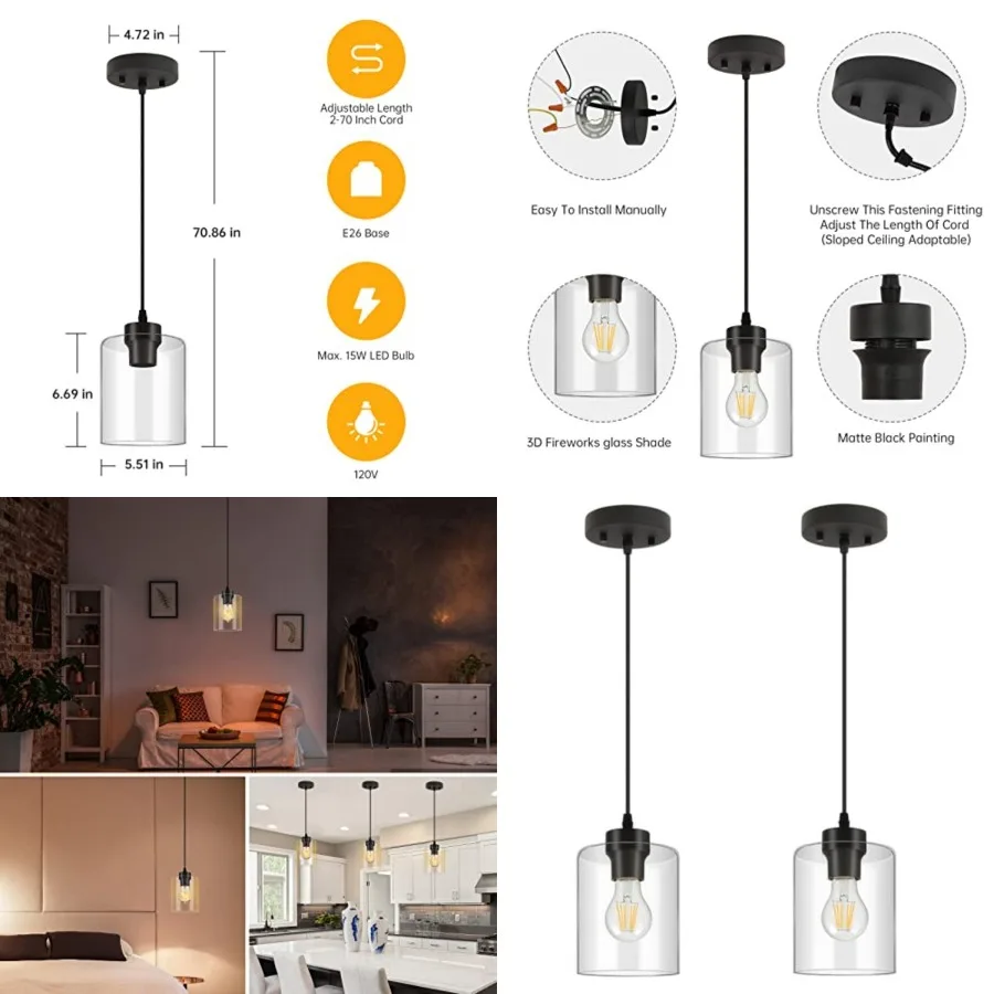 

Modern Pendant Light Fixtures, Industrial Hanging Ceiling Lamp with Glass Shade, Farmhouse Black Pendant Lighting for Kitchen I