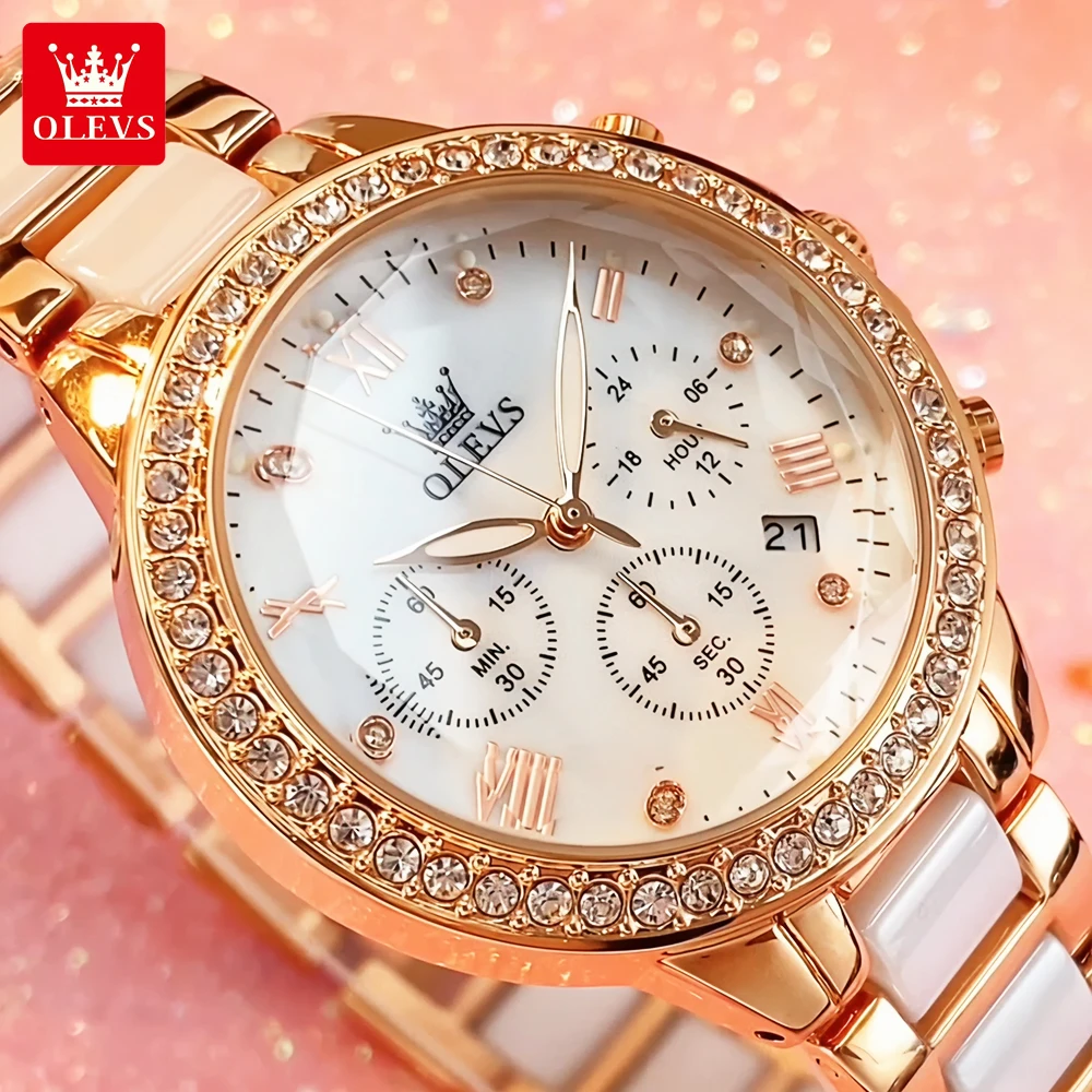 OLEVS Women's Watches Luxury Fashion Ceramic Strap Rhombus Mirror Diamond Bezel Original Quartz Wristwatch Waterproof Luminous