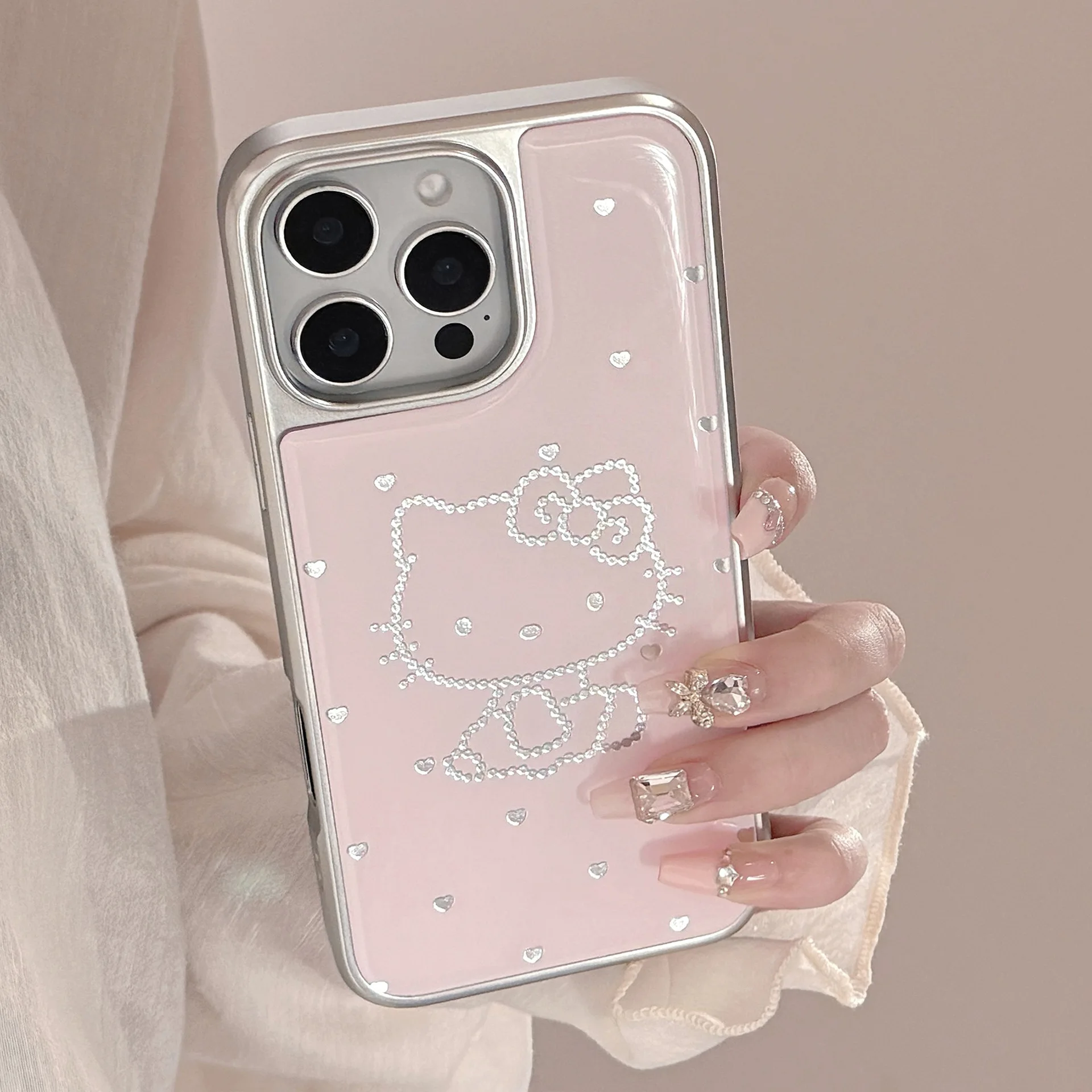 

Чехол для телефона с розовым рисунком котенка и серебряной рамкой для iPhone 16, 15, 14, 13, 12, 11 Pro Max 16E, противоударный чехол