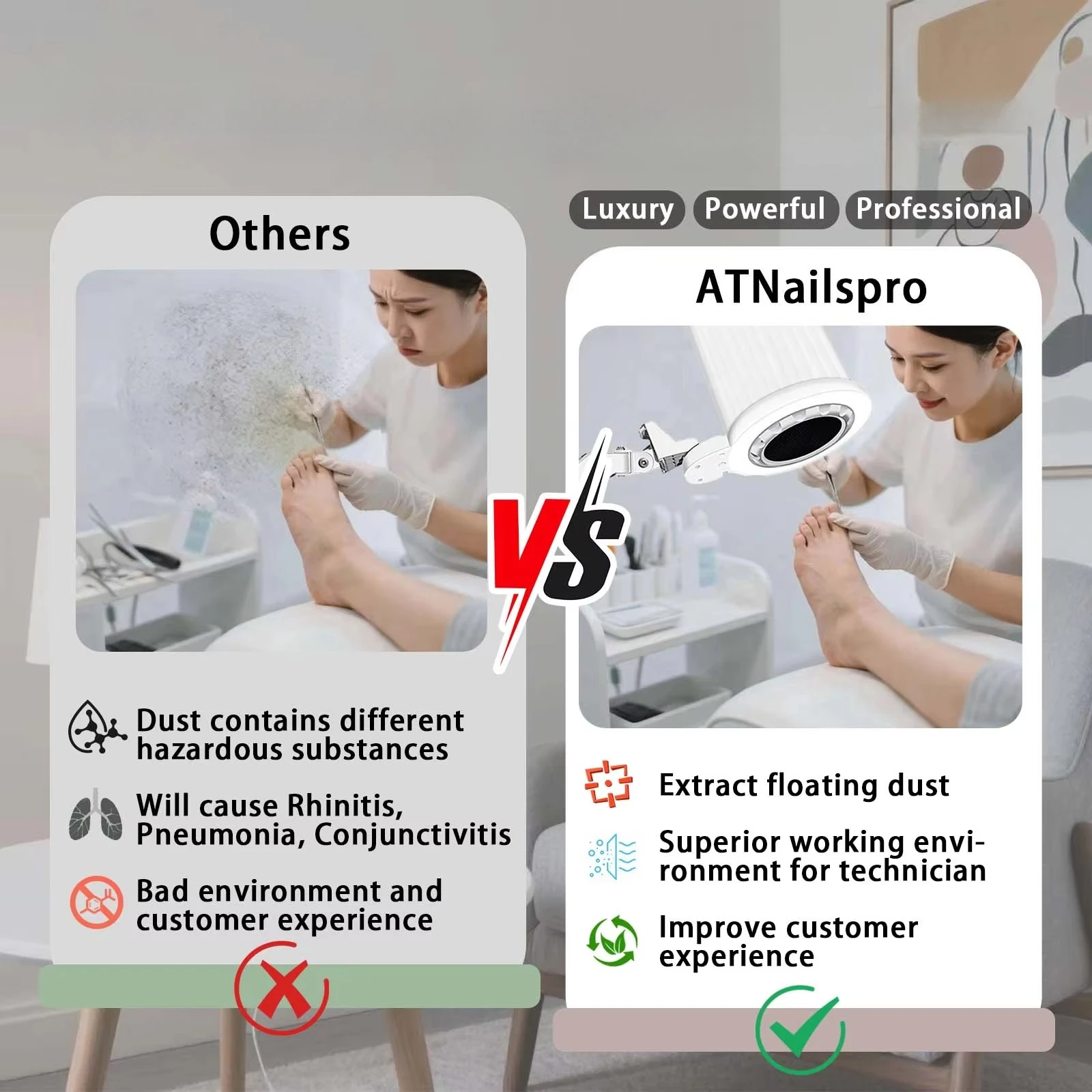 2028 Reusable Filter Podiatry Extractor 80W Manicure Pedicure Hood Vacuum Cleaner Overhead Quiet Nail Dust Collector for Salon