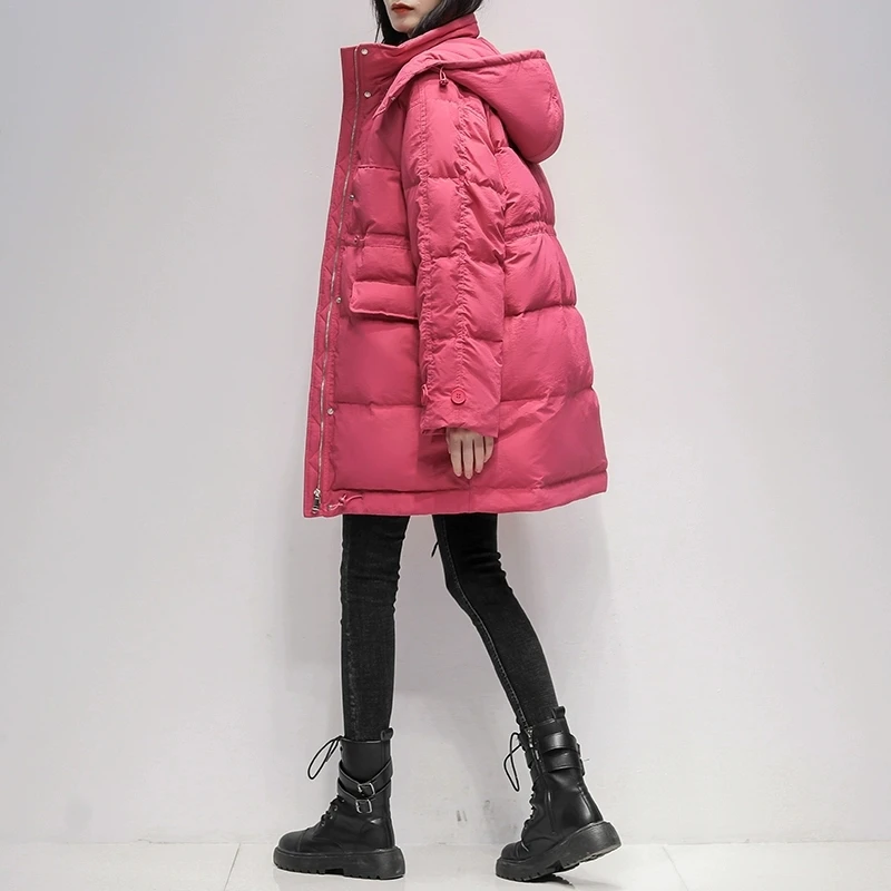 여성용 중간 길이 후드 다운 재킷 겨울 2025 신상 한국 버전 루즈핏 화이트 덕다운 패션 따뜻한 코트 여성용