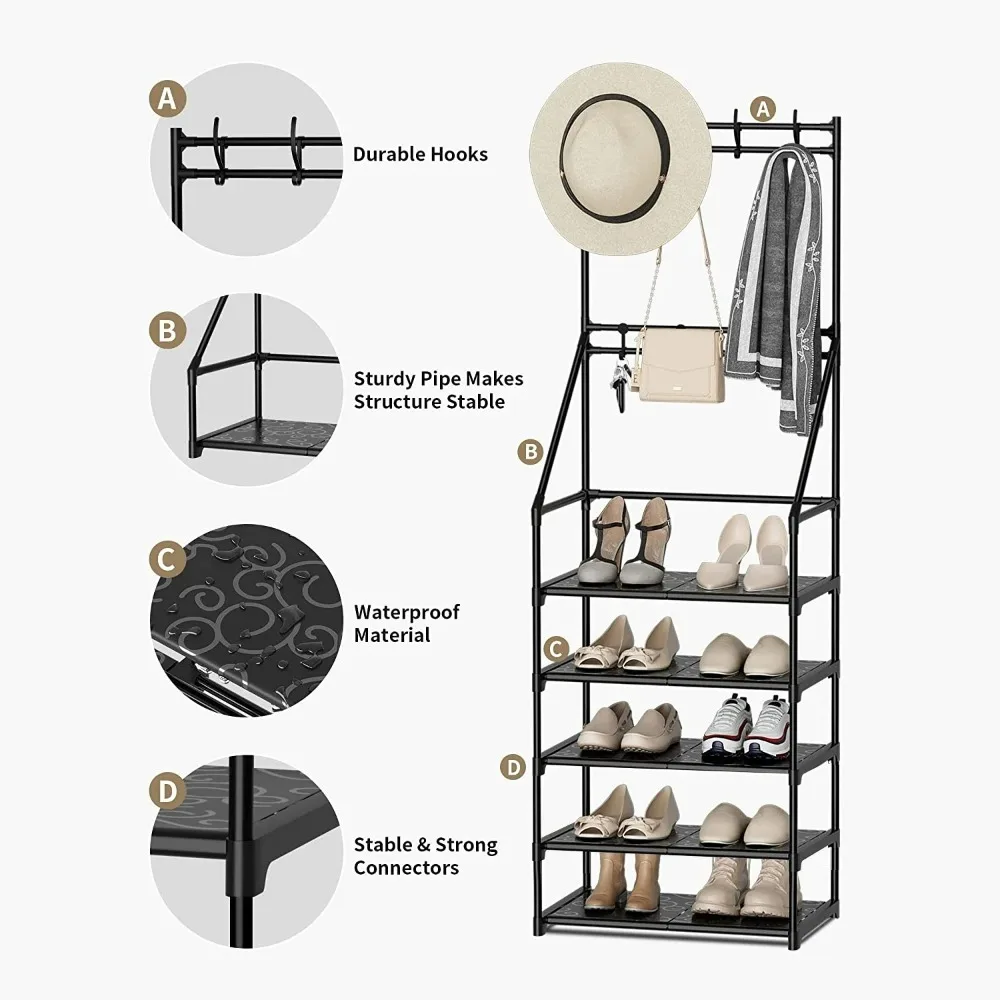 5-Tier Shoe Rack Shoe Storage for Entryway,Narrow Shoe Rack,Coat and Shoe Rack with 8 Hooks