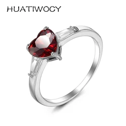 HUATIWOCY Classic Heart Shape Ruby Zircon Finger Ring 925 Silver Jewelry for Women Wedding Engagement Party Gift Accessories