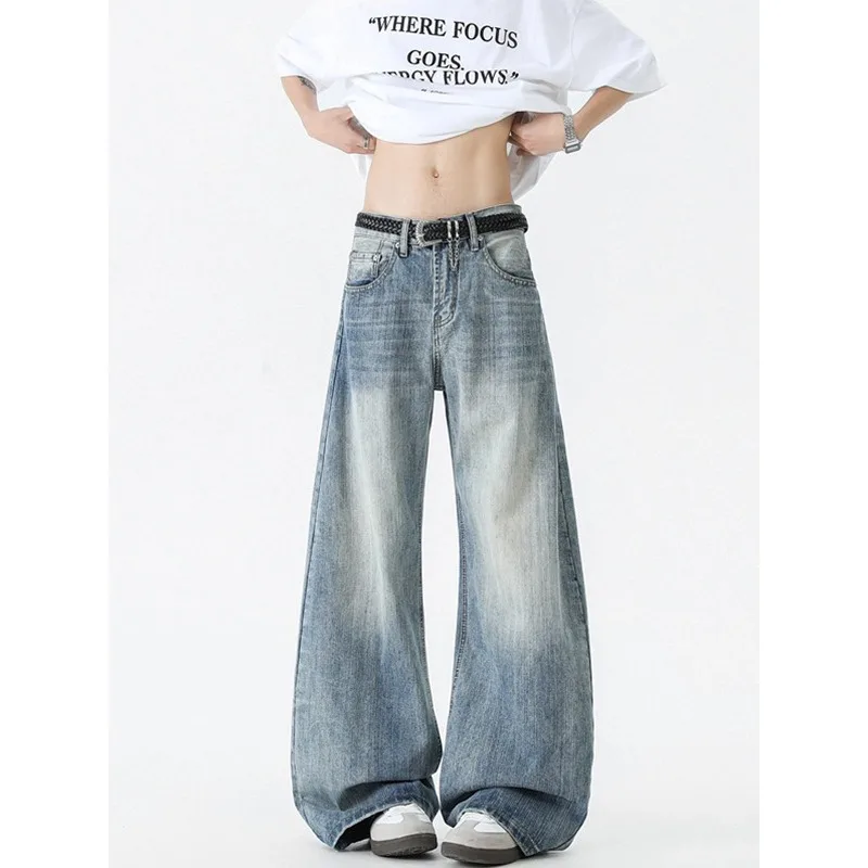 Summer American Retro Bamboo Texture Curved Jeans Unisex Streetwear Wide Leg Versatile Long Pants