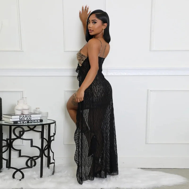 KEXU Fashion Robe longue sexy en dentelle transparente imprimé léopard pour femme avec bretelles et col en V profond avec mini-jupe