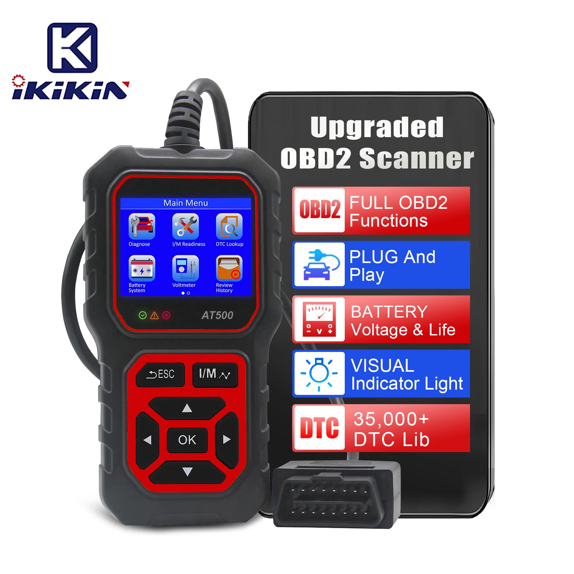 Red AT500 OBD2 Scanner Code Reader Diagnostic Tools Read and Display Data For Universal Cars