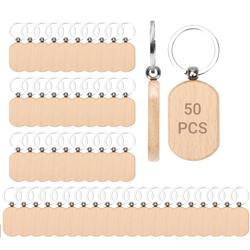 50Pcs Wooden Keychain Blanks Wood Key Chain Rounded Square Wooden Blank Keychains Unfinished Blank Wood Keychains