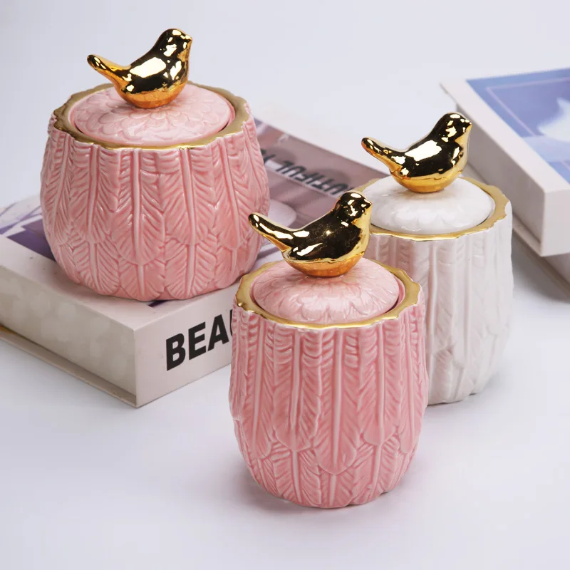 Electroplated Golden Bird Ceramic Storage Jar, Feather Relief Animal Decoration Candle Jar, Jewelry Display Box, Household Items