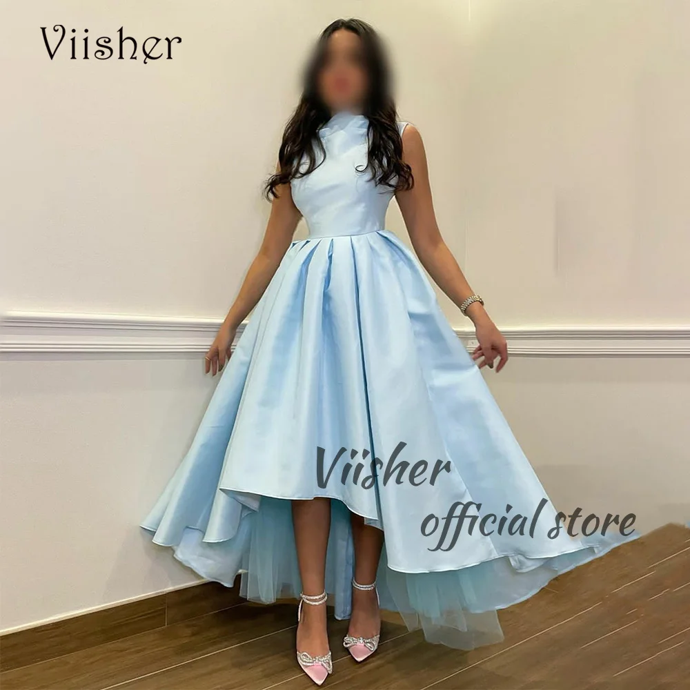 

Viisher Blue A Line Prom Party Dresses Draped Satin Tulle High Low Evening Dress Arabic Dubai Formal Evening Gowns