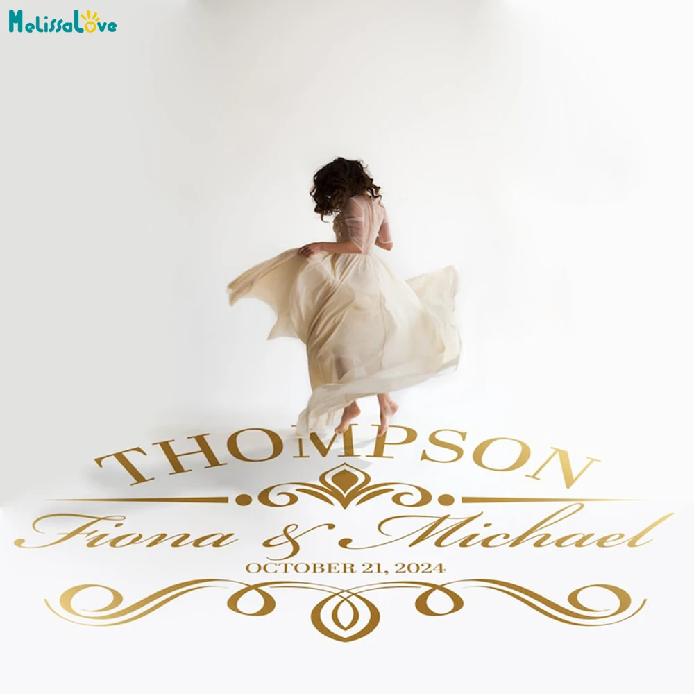 독특한 디자인 웨딩 스티커 이름 및 날짜 꽃 부케, 축하 댄스 플로어 데칼, 소녀 꿈의 벽화, YT6875