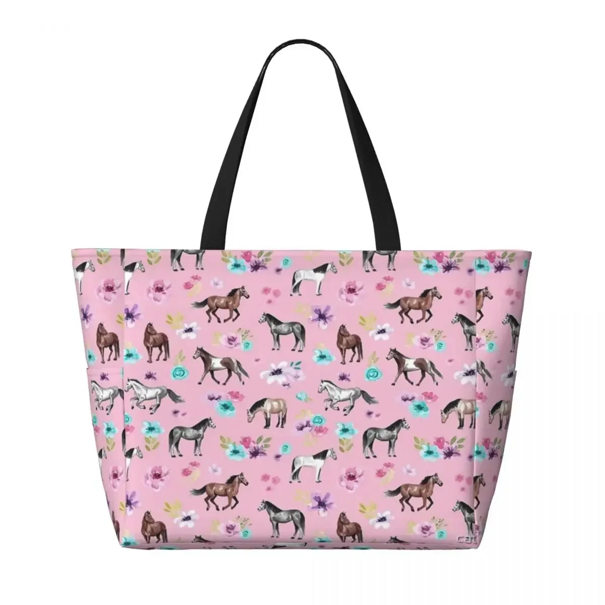 Horses And Flowers On Pink Equestrian Art Beach Travel Bag Tote Bag Popular Large Capacity Out Birthday Gift Multi-Style Pattern