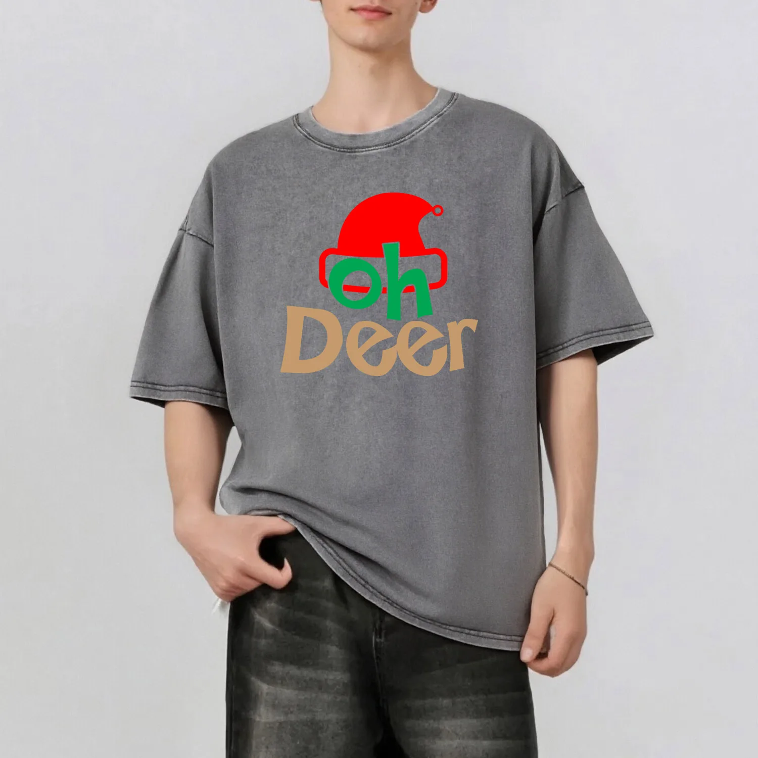 

Christmas Words Graphic Printing Men's Summer Retro Style Washed Water T-Shirt Casual Short Sleeved Basic Men's Top 230G