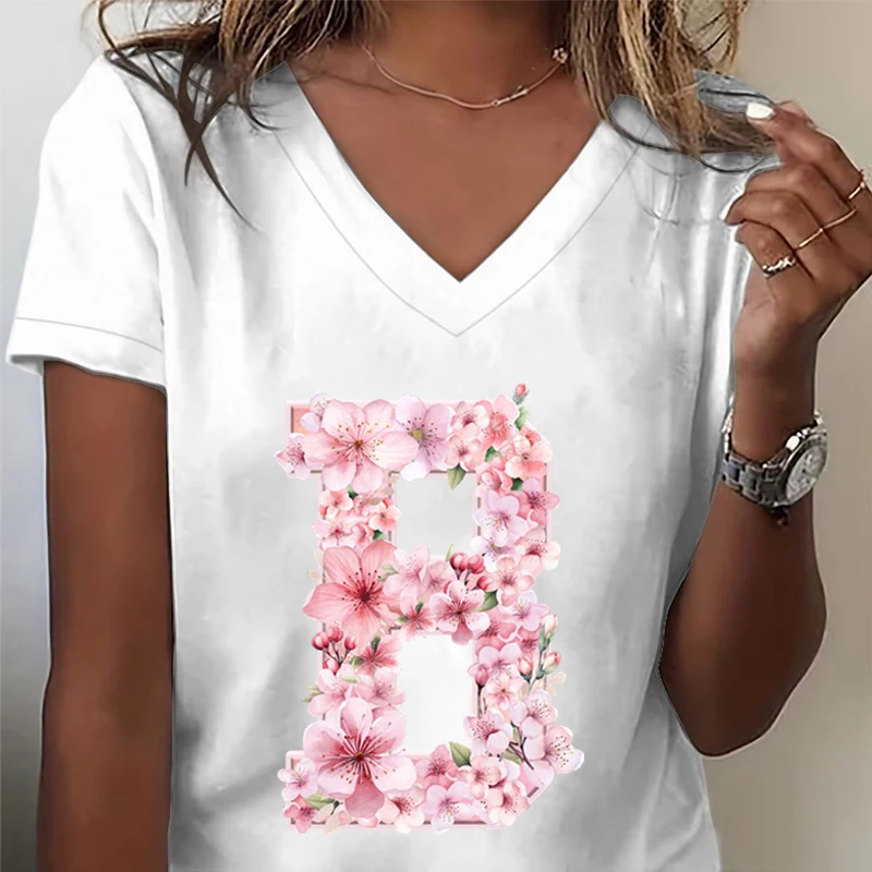 Pink Sakura A-Z 26 Alphabet Shirts Gift for Women Letter B Floral Cartoon T-shirt Cherry Blossom Letters A B C D Casual Tops