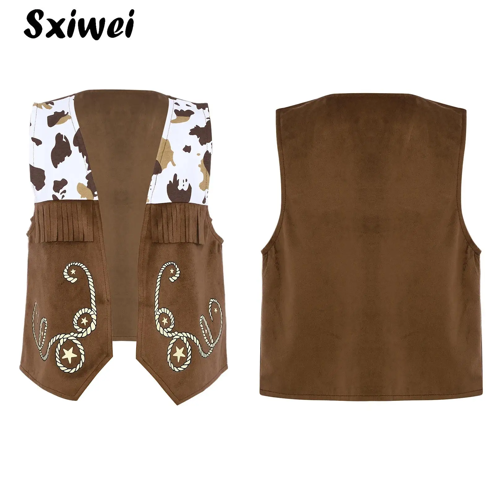 

Kids Boys Girls Cowboy Vest Open Front Print Fringed Waistcoat Top for Halloween Carnival Western Cowboy Cowgirl Cosplay Costume