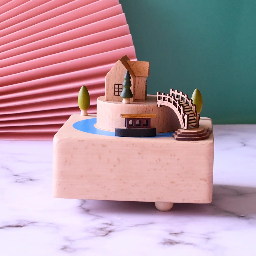 Wooden Wind-up Music Box, Retro Small Bridge Flowing Water Architectural Model Ornaments,revolving Music Box,healing Ornaments