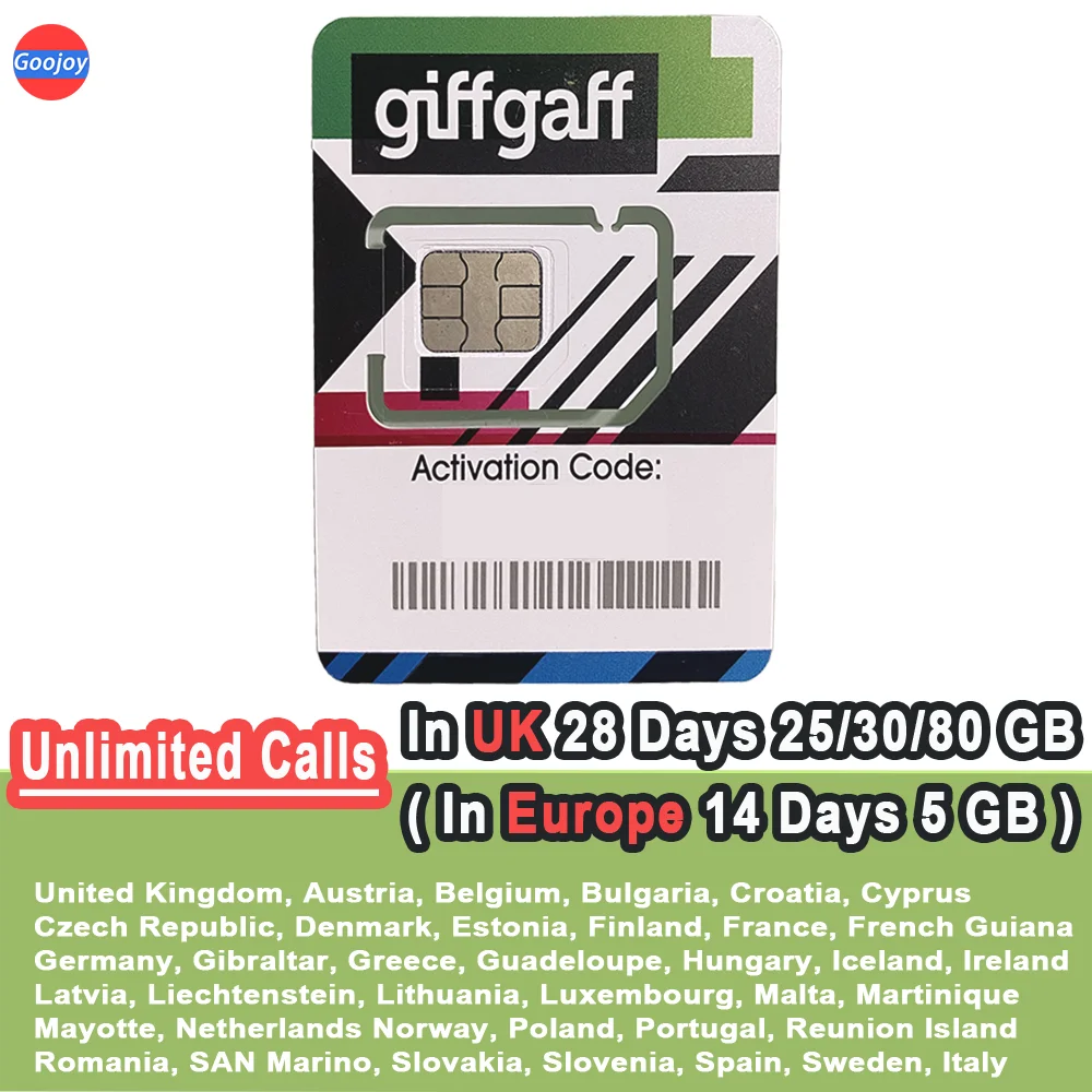 UK Giffgaff SIM-Karte, unbegrenzte Anrufe, in Großbritannien 28 Tage 25/30/80 GB, in Europa 14 Tage 5GB,UK unbegrenzte Prepaid-SIM-Karte